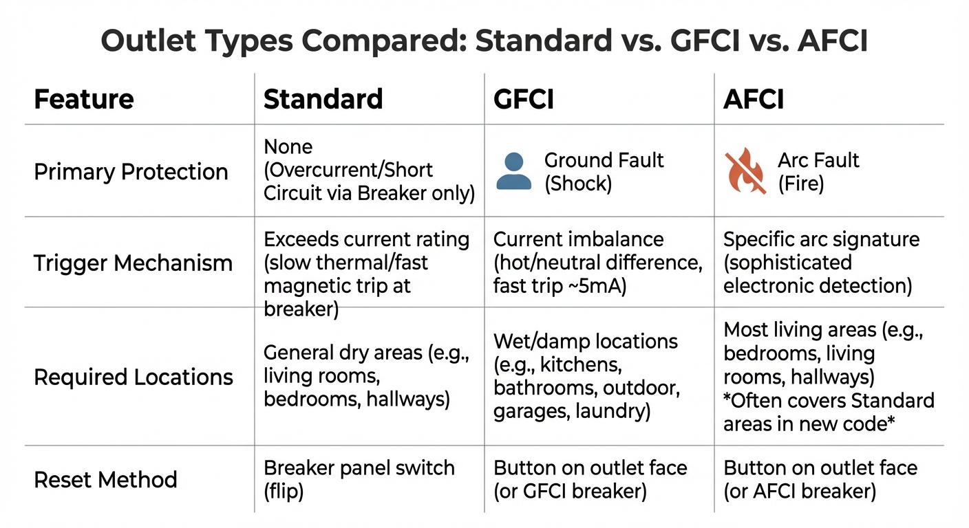 Outlet Types Compared: Standard vs. GFCI vs. AFCI